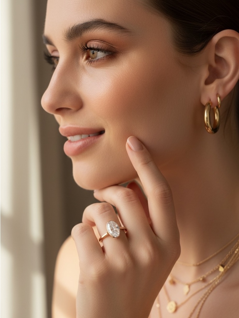 Oval CZ Solitaire Ring in 14k Yellow Gold Plate with Large Center Stone. New.